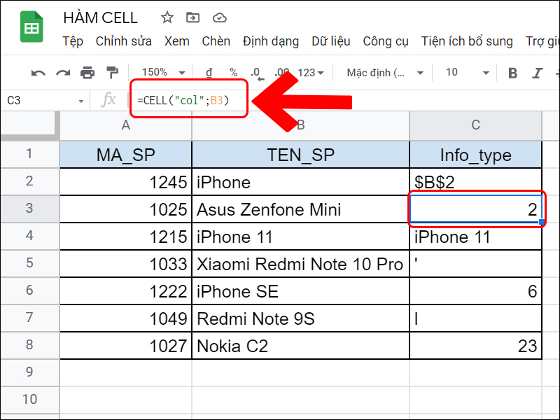 Công thức hàm CELL lấy giá trị cột