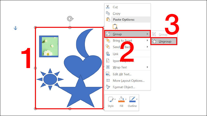 Chọn hình đã được Group nhấn chuột phải và chọn Ungroup