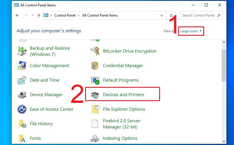 Chọn Devices and Printers trong Control Panel