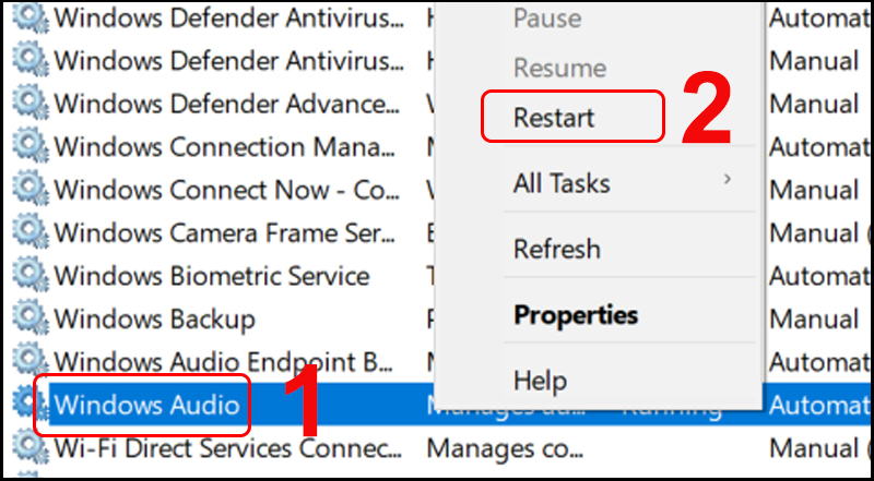 Khởi động lại Windows Audio Service máy tính