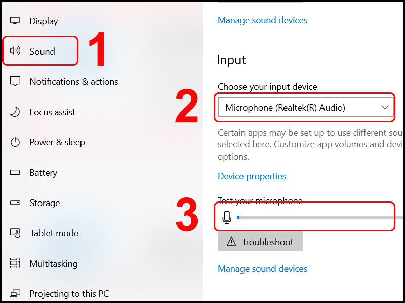 Tùy chỉnh lại mục input microphone về mặc định