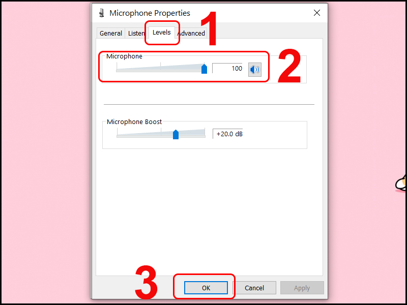 Chỉnh âm lượng của microphone lên 100