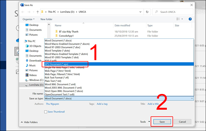 Chọn định dạng XPS tại Save as type