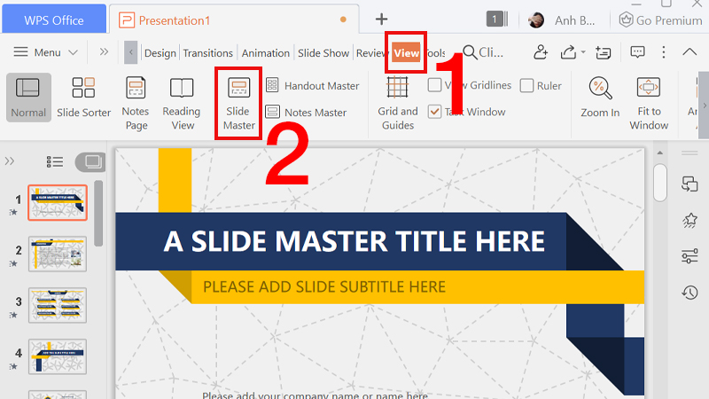 Vào View chọn Slide Master