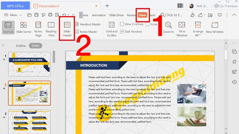 Vào View > Chọn Slide Master