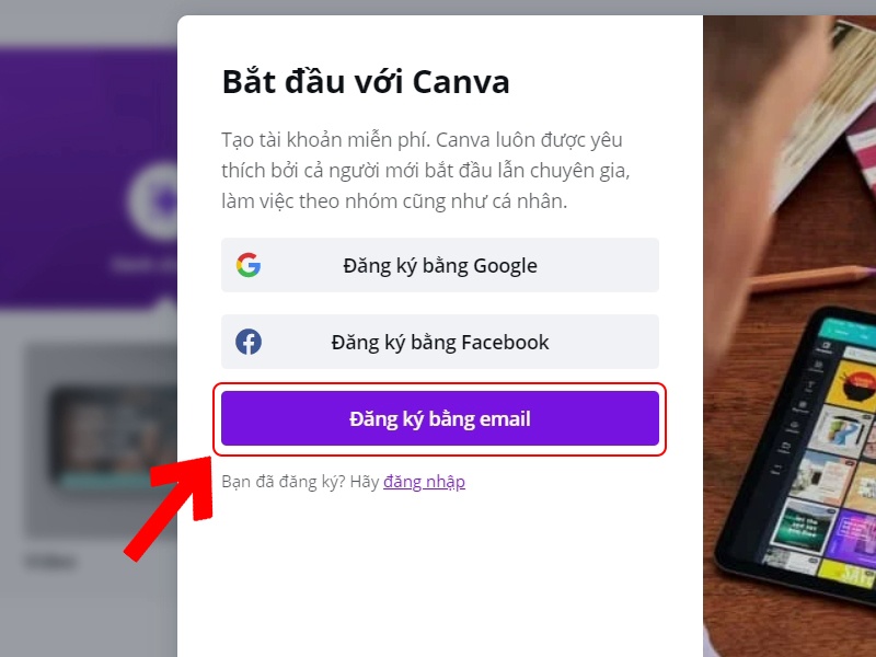 Sử dụng phương thức đăng kí bằng email