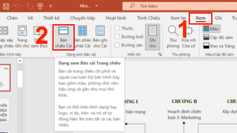 Vào tab Xem chọn Bản chiếu Cái