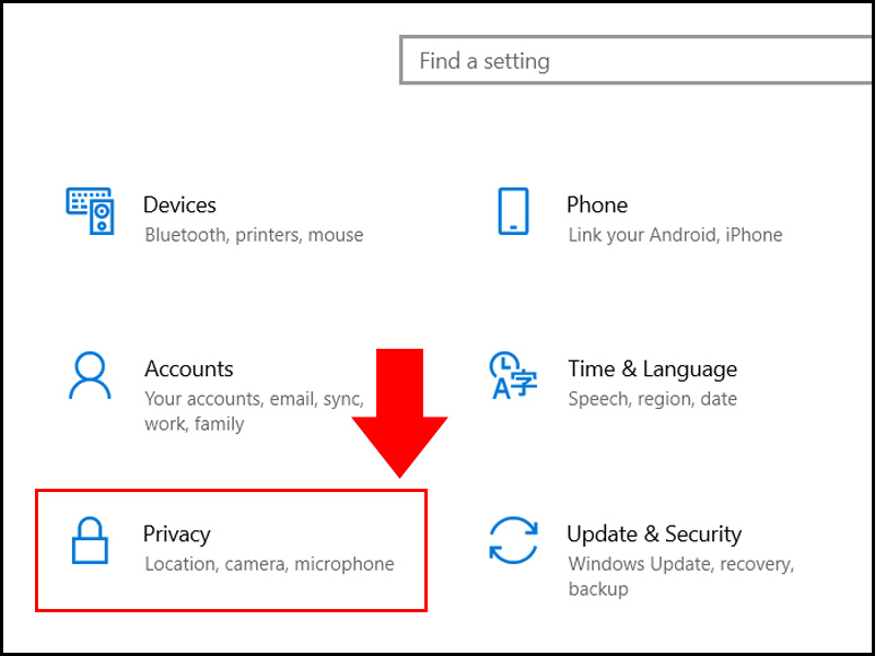 Truy cập vào Privacy trong cửa sổ Settings