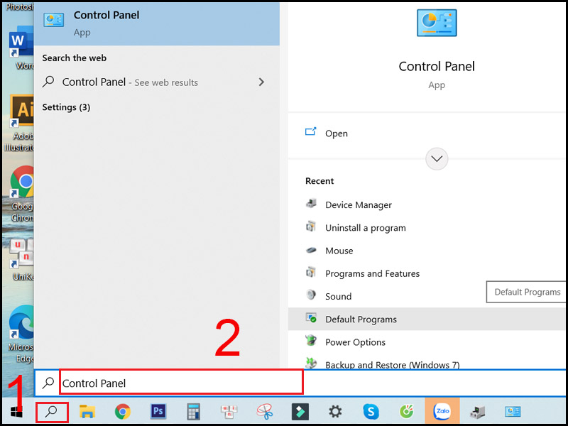 Tìm kiếm Control Panel