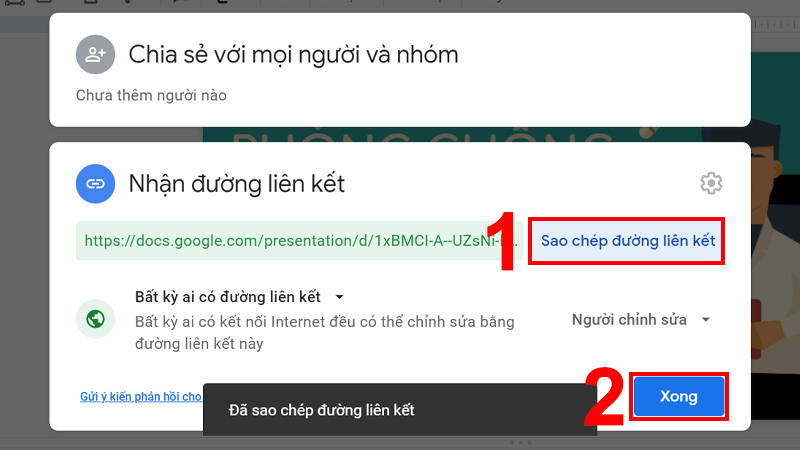 Copy liên kết sau khi chia sẻ quyền truy cập để gửi đến bạn bè