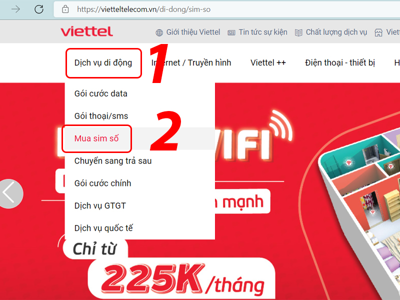 Vào trang chủ Viettel chọn mục Mua sim số