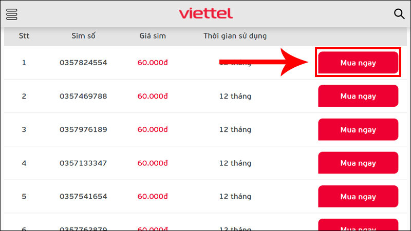 Chọn số điện thoại ưng ý và nhấn Mua ngay