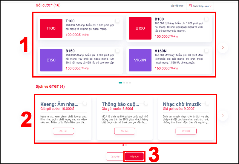Chọn Gói cước, dịch vụ GTGT và nhấn Tiếp tục