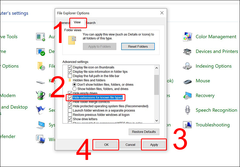 Chọn Hide extensions for know file types