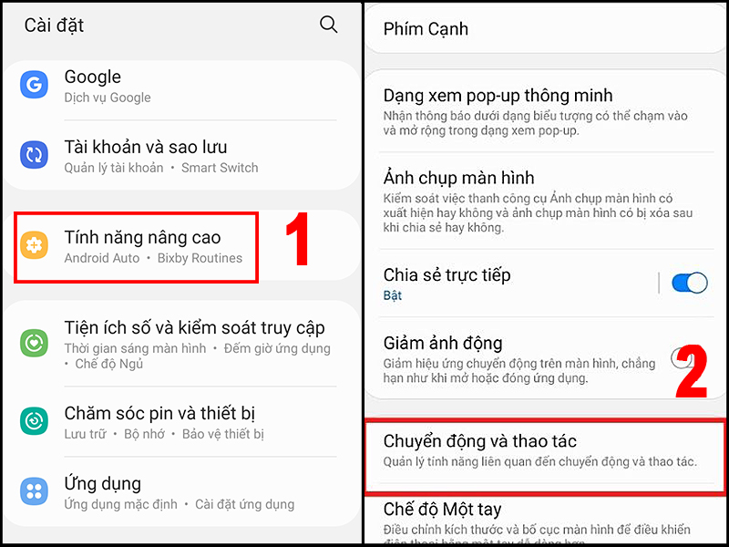 Vào mục tính năng nâng cao chọn Chuyển động và thao tác