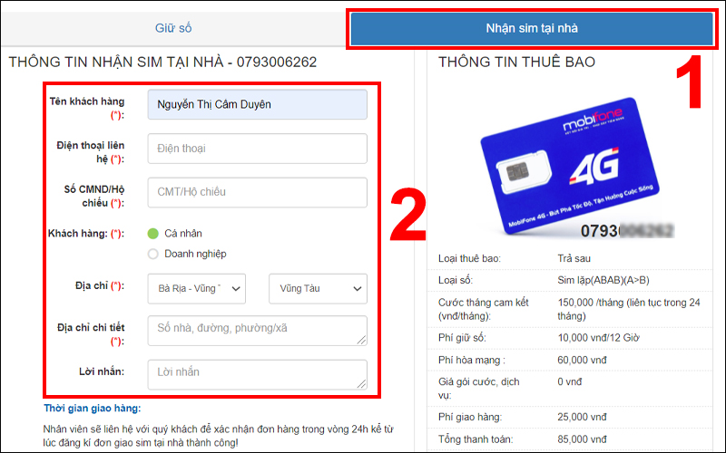 Chọn tab Nhận sim tại nhà và nhập thông tin đăng ký SIM gồm họ tên, số điện thoại, số CMND