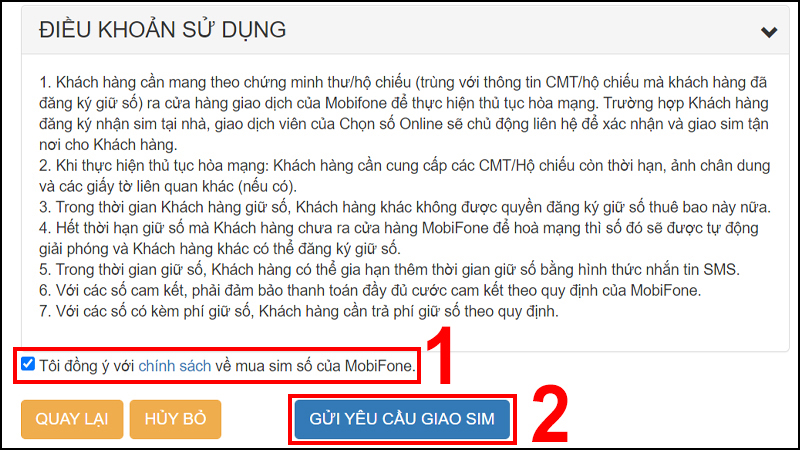 Tick chọn Tôi đồng ý với chính sách về mua sim số của MobiFone và nhấn GỬI YÊU CẦU GIAO SIM