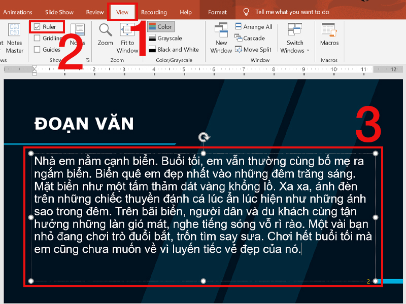 Vào View chọn Ruler và chọn vào đoạn văn bản cần căn lề