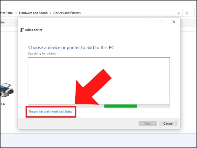 Nhấn vào The printer that I want isn't listed