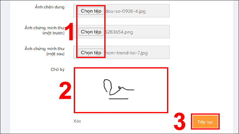 Tải ảnh, thêm chữ ký và nhấn Tiếp tục