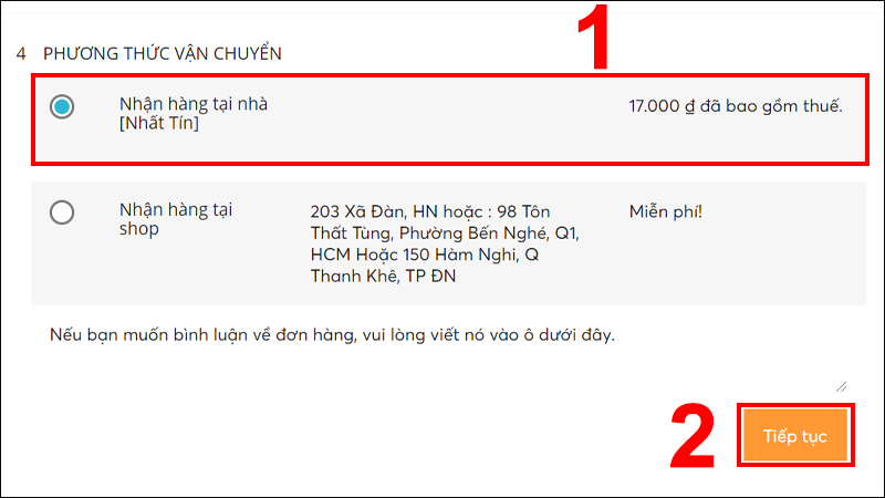 Chọn phương thức vận chuyển là Nhận hàng tại nhà