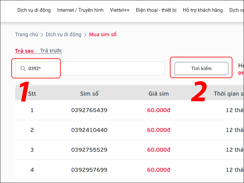 Tìm SIM với đầu số 0392