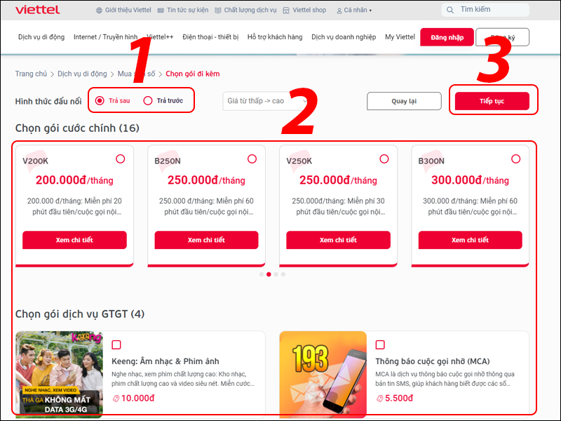 Chọn hình thức đấu nối và gói cước đi kèm