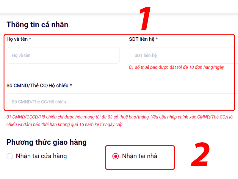Nhập thông tin cá nhân, hình thức nhận SIM
