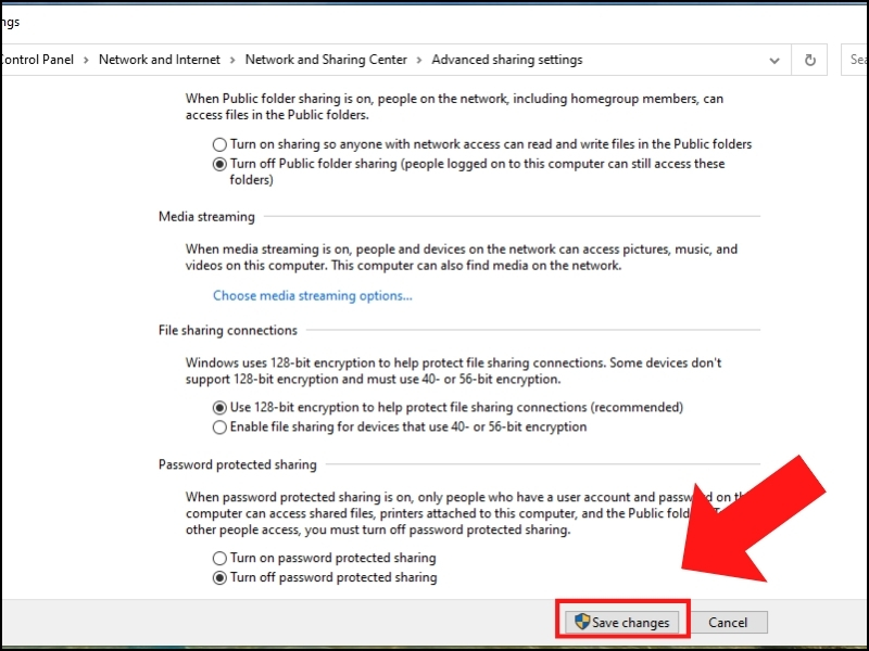 Chọn Turn off password protected sharing