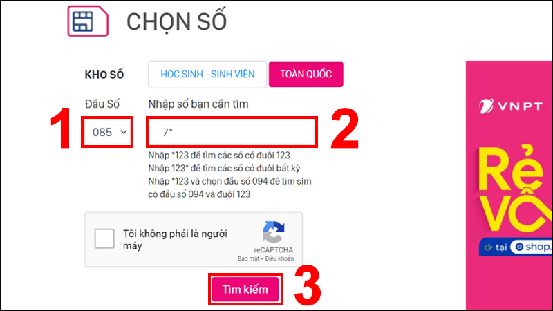 Nhập số và nhấn Tìm kiếm