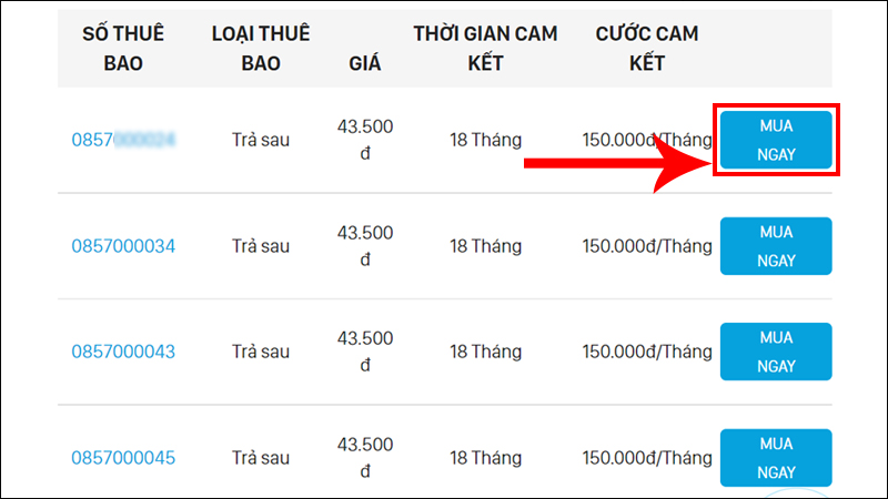 Chọn số điện thoại ưng ý và nhấn Mua ngay