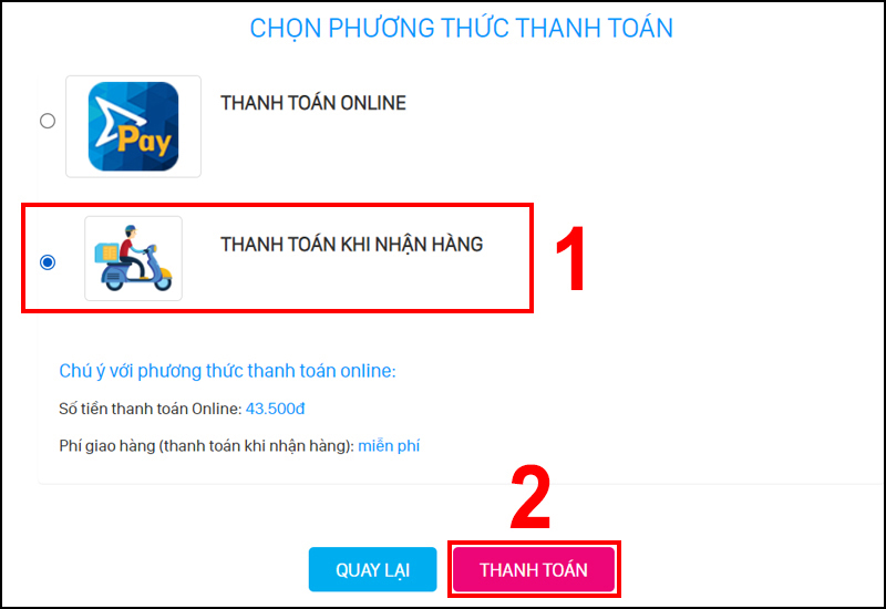 Chọn phương thức và nhấn THANH TOÁN