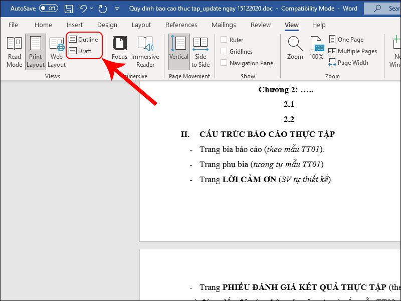 Chuyển chế độ xem trang văn bản thành Draft hoặc Outline