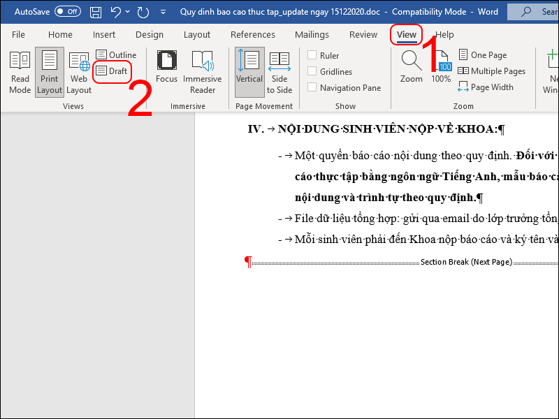 Vào tab View và chọn Draft