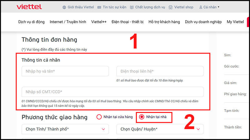 Nhập thông tin cá nhân và chọn Nhận tại nhà