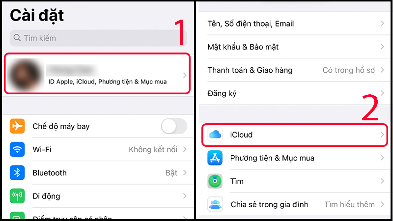 Truy cập vào mục iCloud trong phần Cài đặt