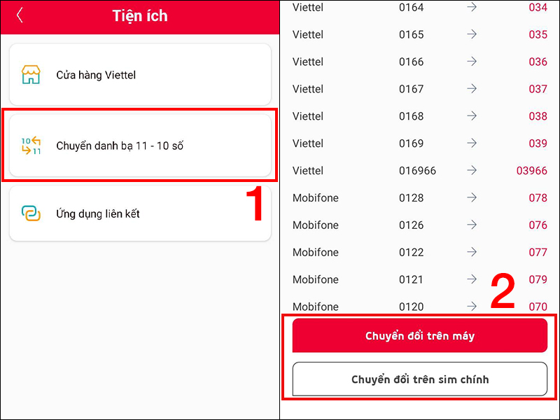 Chọn mục Chuyển danh bạ 11 - 10 số và chọn chuyển đổi trên máy hoặc trên sim chính