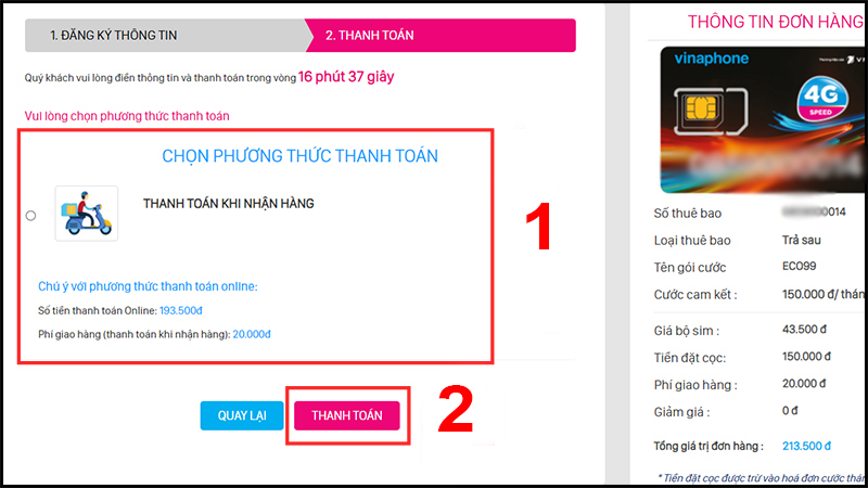 Chọn Phương thức thanh toán và nhấn THANH TOÁN