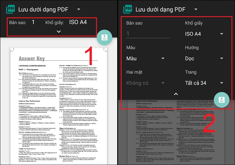 Tùy chọn các thông số màu sắc, hướng giấy, số trang in ra