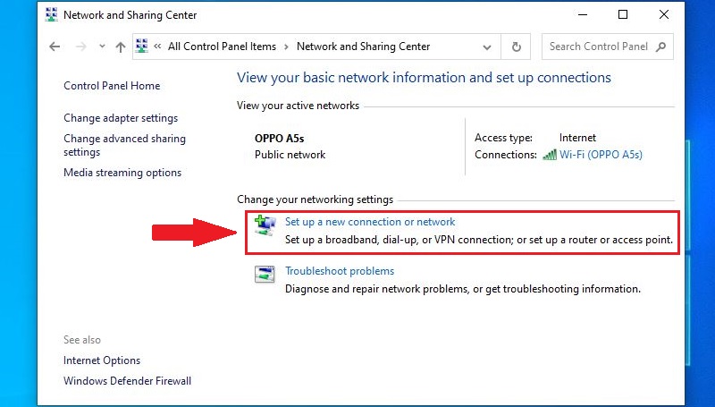 Chọn mục Set up a new conection or network trong mục Network Sharing
