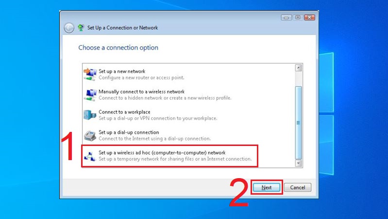 Chọn mục Set up wireless ad hoc (computer-to-computer) network trong cửa sổ Set up