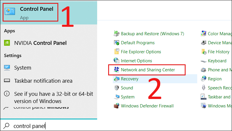 Tại thanh tìm kiếm, nhấn Control Panel, chọn Network and Sharing Center