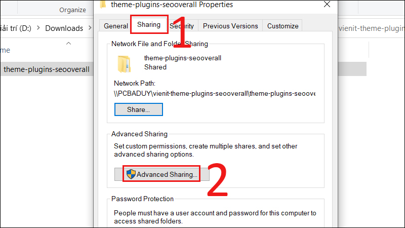 Chọn tab Sharing, nhấn vào Advanced Sharing...