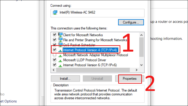 Tìm mục Internet Protocol Version 4 (TCP/IPv4), nhấn vào Properties