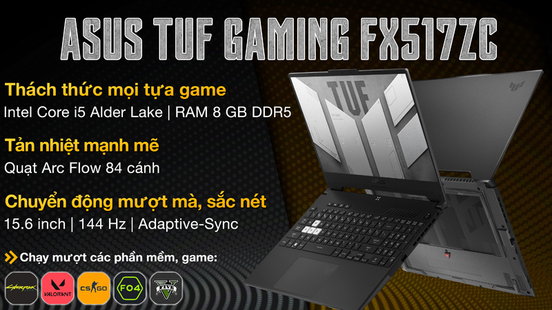 Laptop Asus TUF Gaming FX517ZC với thiết kế trẻ trung năng động