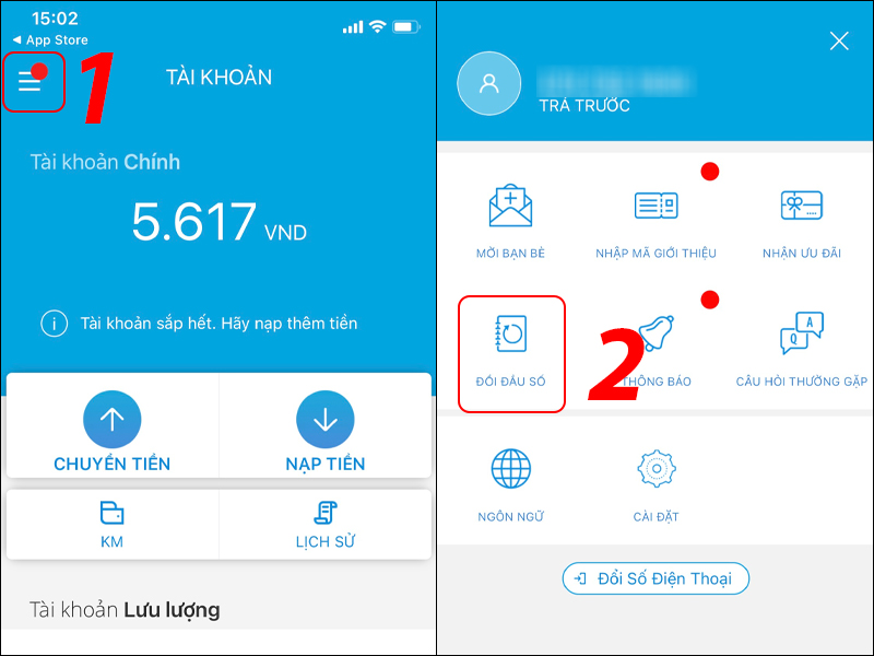Chọn chức năng đổi đầu số