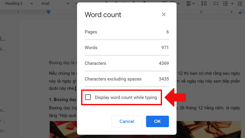 Bỏ tích chọn Display word count while typing