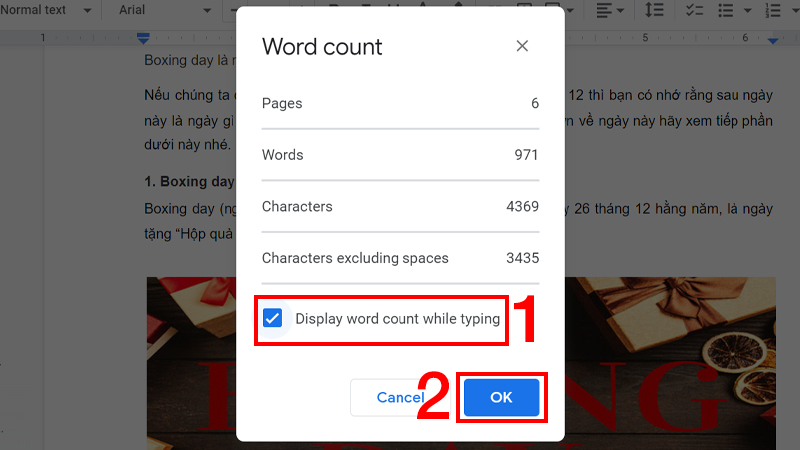 tích chọn Display word count while typing và Nhấn OK để quay lại file tài liệu