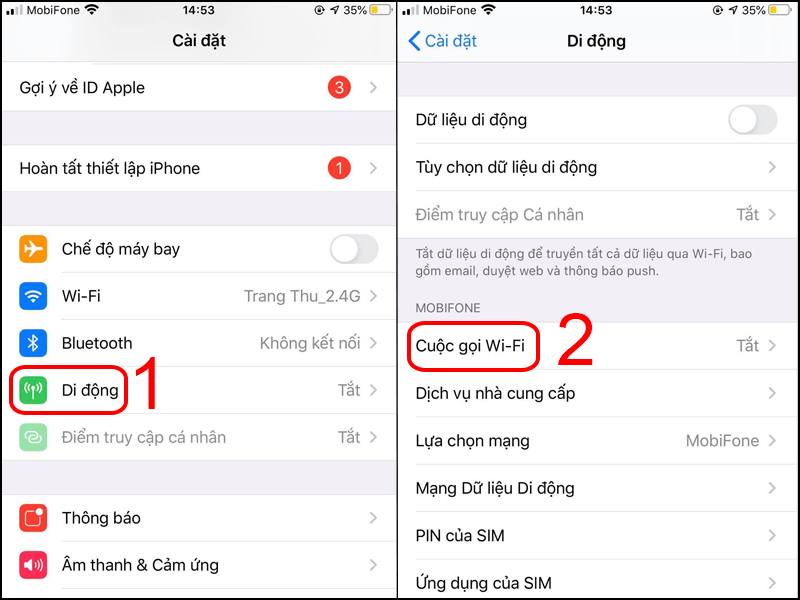 Chọn Cuộc gọi Wi-Fi trong cài đặt