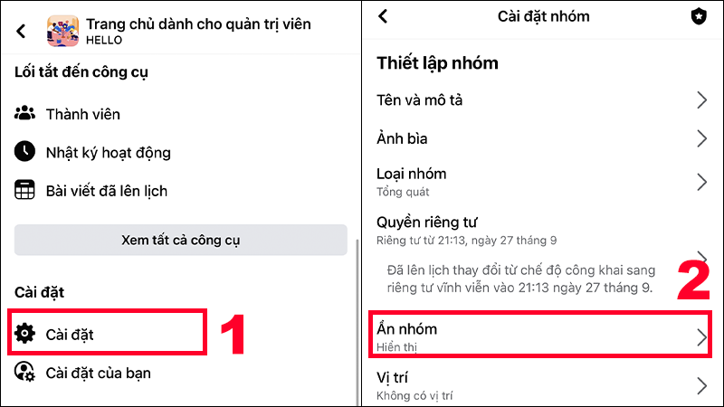 Chọn Cài đặt > Ẩn nhóm để tiến hành ẩn nhóm